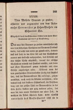 XXXIII. Neue Methode zu graben, erfunden und angewendet von dem Rademacher Havemeister zu Hohen-Viecheln am Schweriner See