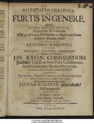 Disputatio Iuridica, De Furtis In Genere