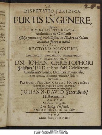 Disputatio Iuridica, De Furtis In Genere