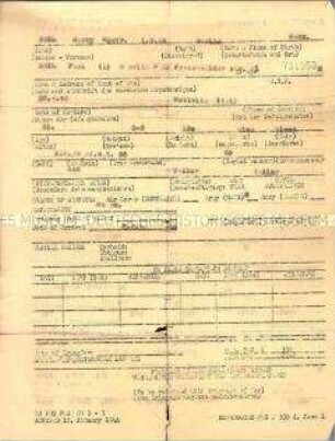 Personalbogen von Harry Beil aus einem amerikanischen Kriegsgefangenenlager