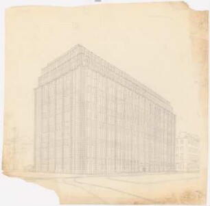 Bankgebäude, Dresden: Perspektivische Ansicht (Variante mit geradem Abschluss)