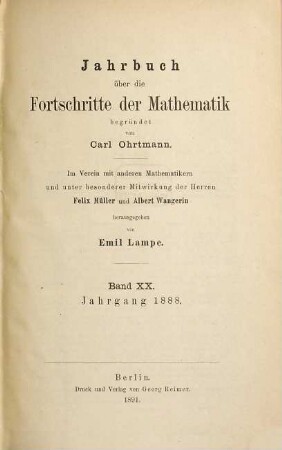 Jahrbuch über die Fortschritte der Mathematik. 20. 1888 (1891)