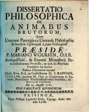 Dissertatio Philosophica De Animabus Brutorum