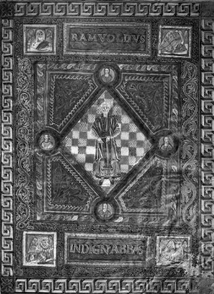 Codex Aureus von Sankt Emmeram (aus der Hofschule Karls des Kahlen) — Abt Ramwold umgeben von den vier Kardinaltugenden und den Evangelistensymbolen, Folio 1recto