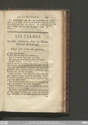 Les Termes les plus ordinaires dans les Manufactures de Lainage, Rangés selon l'ordre des opérations.