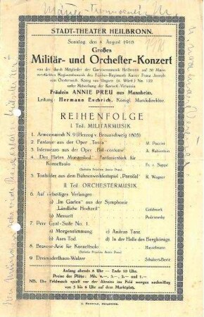 Programmzettel für ein "Großes Militär- und Orchester-Konzert" im Stadttheater unter Leitung von Hermann Eschrich
