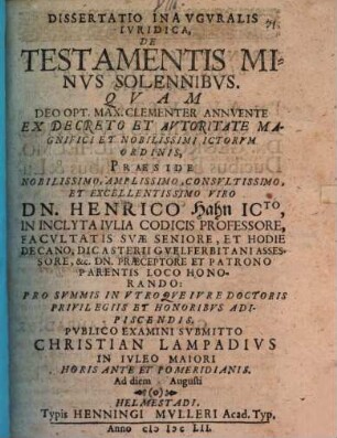 Dissertatio Inavgvralis Ivridica, De Testamentis Minvs Solennibvs