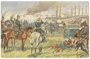 König Wilhelm I.von Preußen in der Schlacht bei Gravelotte am 18. August 1870, zu Pferd in Begleitung hoher Offiziere vor brennenden Häusern