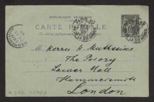 Schreiben an Hermann Muthesius (Postkarte)