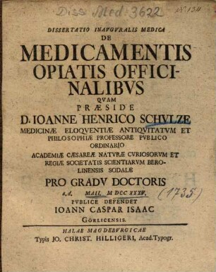 Dissertatio Inavgvralis Medica De Medicamentis Opiatis Officinalibvs