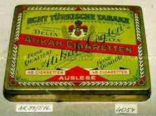 Blechdose für "ECHT TÜRKISCHE TABAKE 'DELTA' ATIKAH-CIGARETTEN 48 CIGARETTEN AUSLESE"