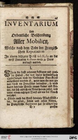 Inventarium und ordentliche Beschreibung aller Mobilien