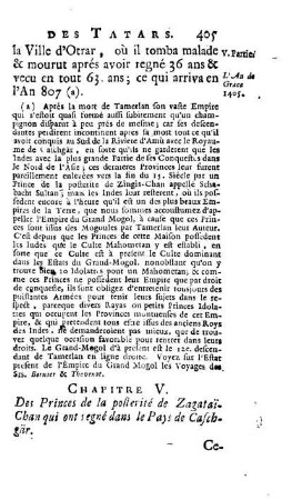 Chapitre V. Des Princes de la posterité de Zagatai-Chan qui ont regné dans le Pays de Caschgär