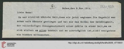 Heid. Hs. 3820,477: Karte von Emil Lask an seine Mutter (Abschrift)