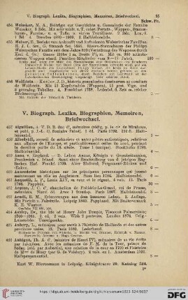 V. Biograph. Lexika, Biographien, Memoiren, Briefwechsel (Nr. 457 - 630)