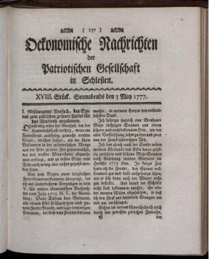 XVIII. Stück. Sonnabends den 3 May 1777.