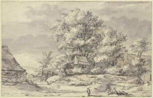 Baumgruppe mit Hütten, Mann mit Frau, links Knabe