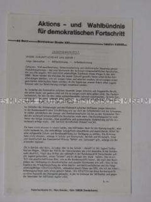 Propagandaflugblatt der Aktion Demokratischer Fortschritt mit dem Jugendmanifest des Wahlbündnisses