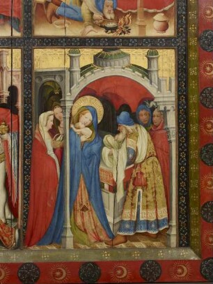 Wildunger Altar — Altar im geöffneten Zustand — Verkündigung, Geburt Christi, Anbetung der Könige und Darbringung im Tempel — Darbringung Christi im Tempel