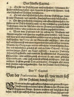 Das V. Capittel. Von der Præservatia: das ist, wie man sich für der Pestilentz bewahren sol.