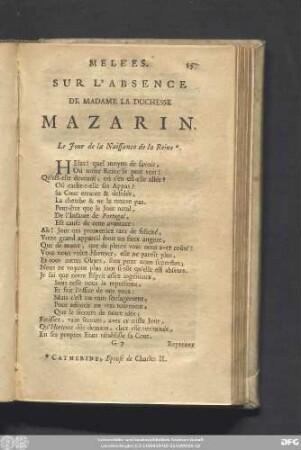 Sur L'Absence De Madame La Duchesse Mazarin. Le Jour de la Naissance de la Reine.