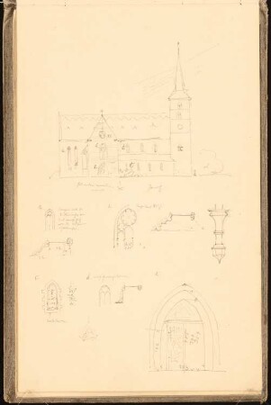 Skizzenbuch 1900-1901: Frauenkirche in Grimma, Seitenansicht, Details des Außenbaus: Fenster, Portal, Ansichten, Schnitte