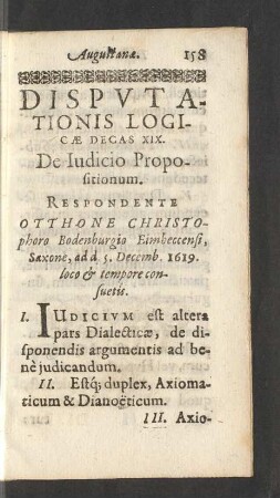 Disputationis Logicae Decas XIX. De Iudicio Propositionum.