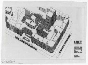 Gewerbe- und Hotelerweiterung Uhlandstraße/Kantstraße/Fasanenstraße (nicht realisiert) – Isometrische Projektion. Berlin-Charlottenburg/Wilmerdorf, Uhlandstraße 190-194, Kantstraße 15, Fasanenstraße 6
