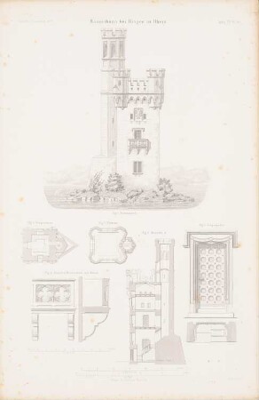 Mäuseturm, Bingen: Grundriss EG, Plattform, Seitenansicht, Querschnitt, Details (aus: Atlas zur Zeitschrift für Bauwesen, hrsg. v. G. Erbkam, Jg. 7, 1857)