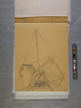 Aus dem Zeichenheft Corona Krause Klasse 1b (stehender Rückenakt aus dem Unterricht - Aktzeichnen - bei Oskar Schlemmer und rückseitig Stillleben aus dem Unterricht - analythisches Zeichnen - bei Wassily Kandinsky)