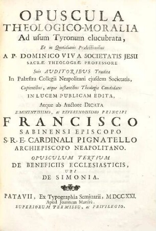 Opuscula theologico-moralia, 3. De beneficiis ecclesiasticis, ubi de Simonia