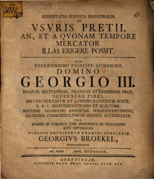 Diss. inaug. iur. de usuris pretii, an et a quonam tempore mercator illas exigere possit