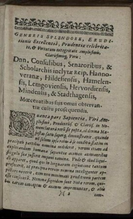 Generis Splendidore ... Consulibus, Senatoribus & Scholarchis Reip. Hannoveranae, Hildesiensis, Hamelensis ...