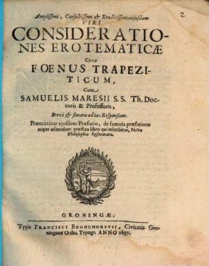Considerationes erotematicae circa foenus Trapeziticum
