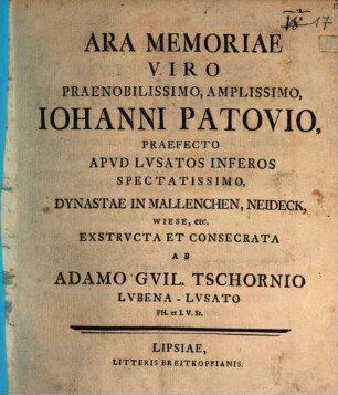 Ara memoriae, V. P. Jo. Patovio exstructa et conservata