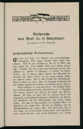 7-12, Ansprache von Prof. Dr. D. Hunzinger...