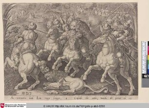 [Lion hunt on horseback; Löwenjagd zu Pferd]
