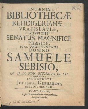 Encaenia Bibliothecae Rehdigerianae, Vratislaviae