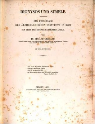Dionysos und Semele : Ein Programm des archäologischen Instituts in Rom zu Feier des 21. Aprils
