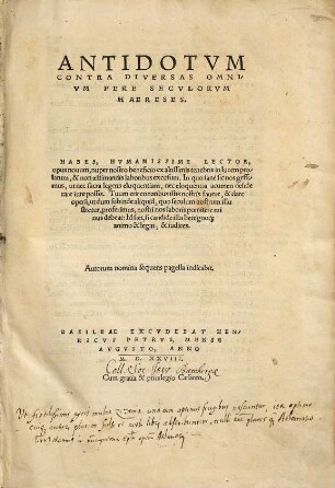 Antidotvm Contra Diversas Omnivm Fere Secvlorvm Haereses