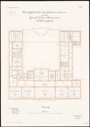 Dienstgebäude für das Preußische Staatsministerium und die General-Ordens-Kommission, Berlin: Grundriss 1. Obergeschoss 1:100