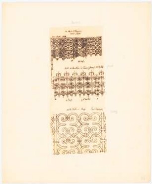 Schmiedeeiserne Gitter aus einem Museum in Auxerre, dem Friedhofstor in Cravant/Yonne und aus Cluny: Drei Details der Ornamentik mit Maßangaben (Nach- oder Durchzeichnungen aus Didron, Annales archéologiques, 1854)