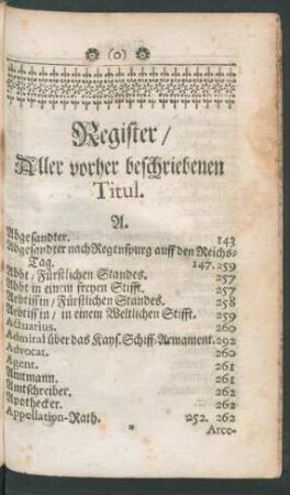 Register/ Aller vorher beschriebenen Titul.