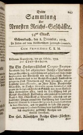 54tes Stuck. Schwabach, den 8. December, 1758.