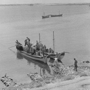Fischerboote im Hafen von Nessebar. Heimkehrende Küstenfischer auf dem Schwarzen Meer, an der Bucht von Burgas