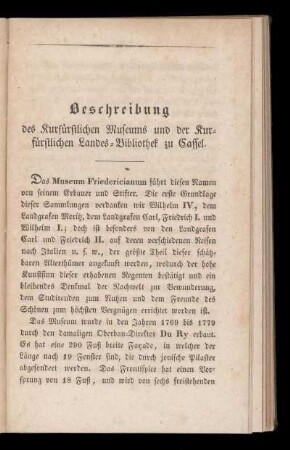 Beschreibung des Kurfürstlichen Museums und der Kurfürstlichen Landes=Bibliothek zu Cassel.
