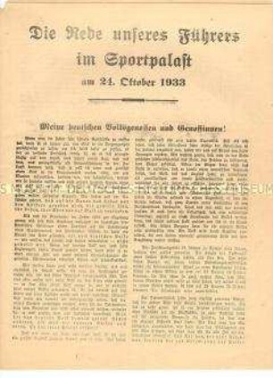 Sonderdruck mit dem Text der Rede Adolf Hitlers zu Fragen der Rüstungs- und Außenpolitik