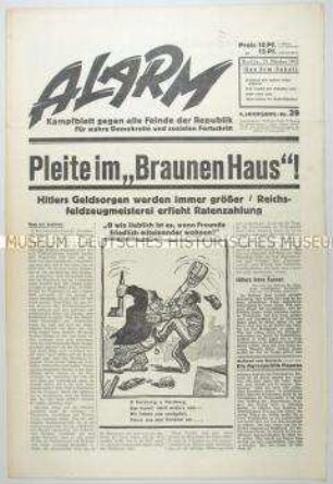Republikanische Wochenzeitung "Alarm" u.a. zu Finanzproblemen der NSDAP