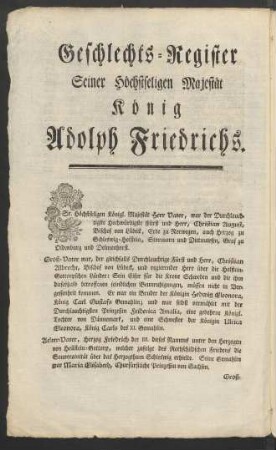 Geschlechts-Register Seiner Höchstseligen Majestät König Adolph Friedrichs.