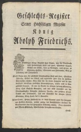 Geschlechts-Register Seiner Höchstseligen Majestät König Adolph Friedrichs.